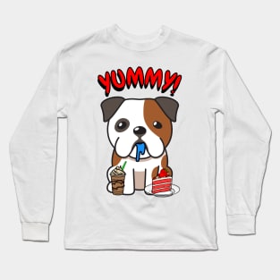 Cute english bulldog is having coffee and cake Long Sleeve T-Shirt